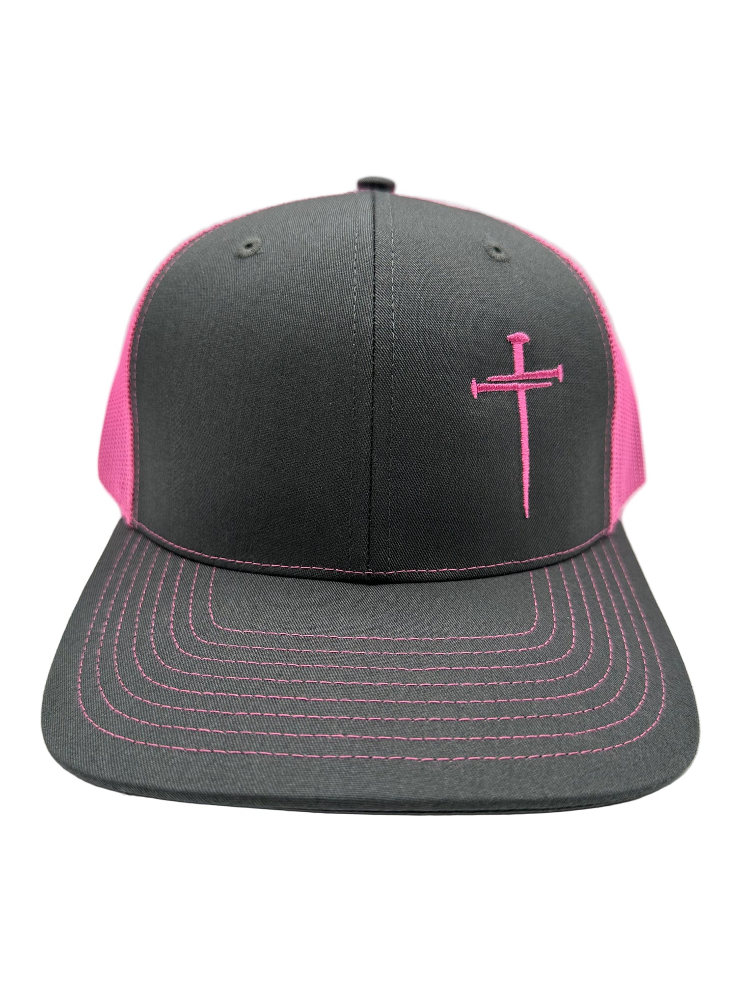 3 Nails Cross - Charcoal/Neon Pink Trucker Hat