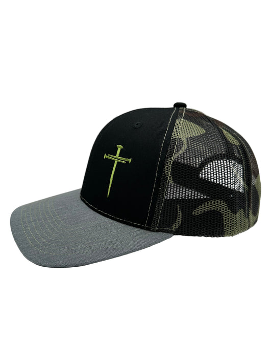 3 Nails Cross - Black/Green/Camo/Heather Gray Trucker Hat