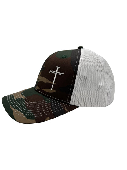 3 Nails Cross - Camo/White Trucker Hat