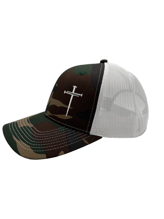 3 Nails Cross - Camo/White Trucker Hat