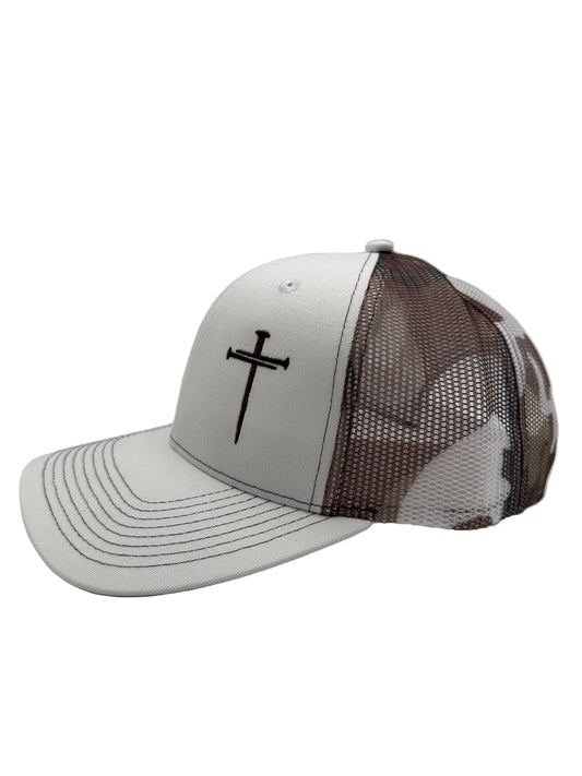 3 Nails Cross - White/Brown/Camo Trucker Hat