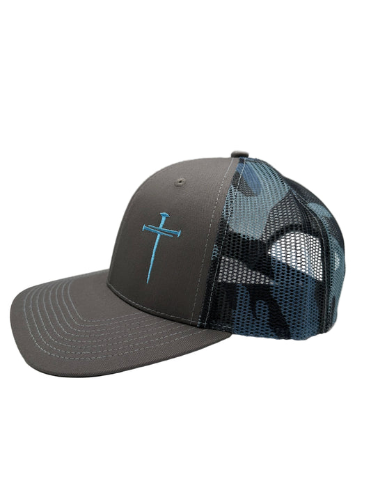 3 Nails Cross - Charcoal/Blue/Camo Trucker Hat