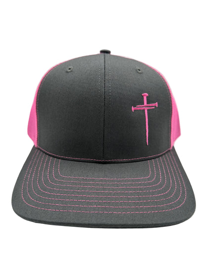 3 Nails Cross - Charcoal/Neon Pink Trucker Hat