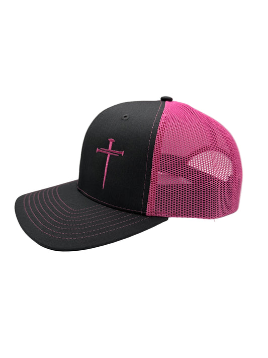 3 Nails Cross - Charcoal/Neon Pink Trucker Hat