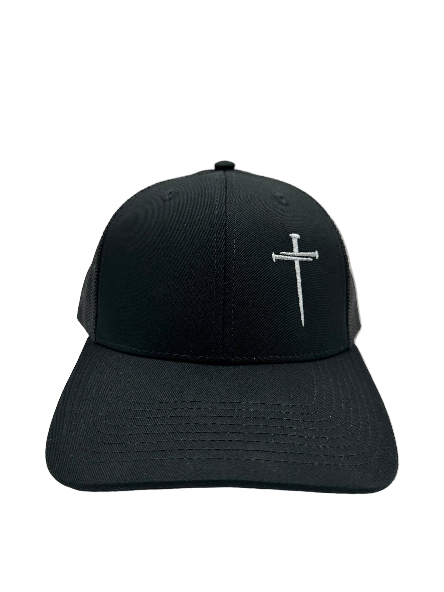 3 Nails Cross - Black/Black Trucker Hat