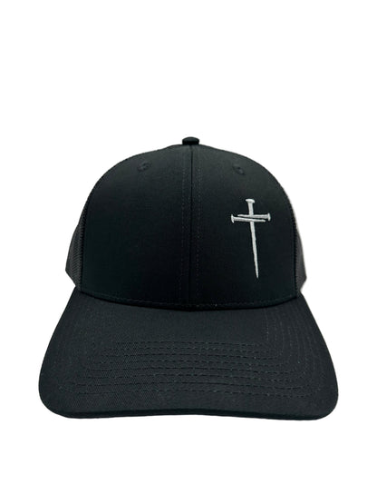 3 Nails Cross - Black/Black Trucker Hat