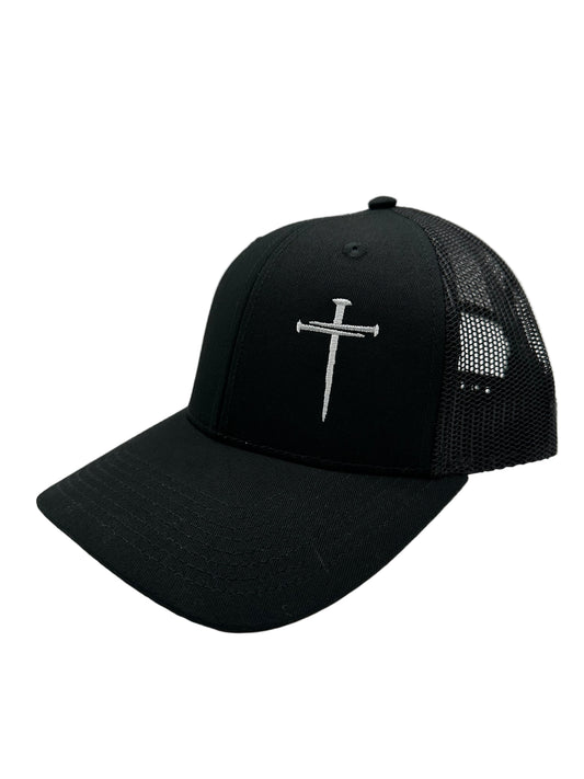 3 Nails Cross - Black/Black Trucker Hat