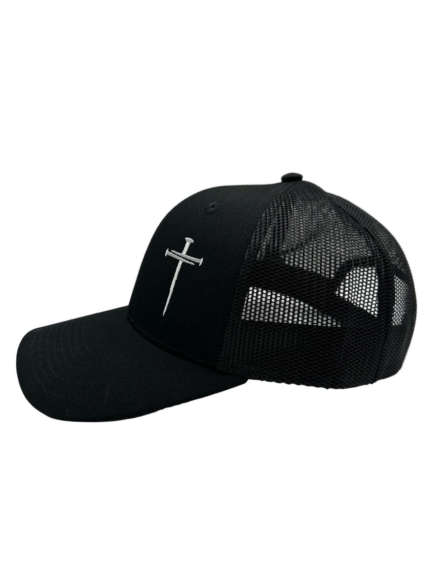 3 Nails Cross - Black/Black Trucker Hat