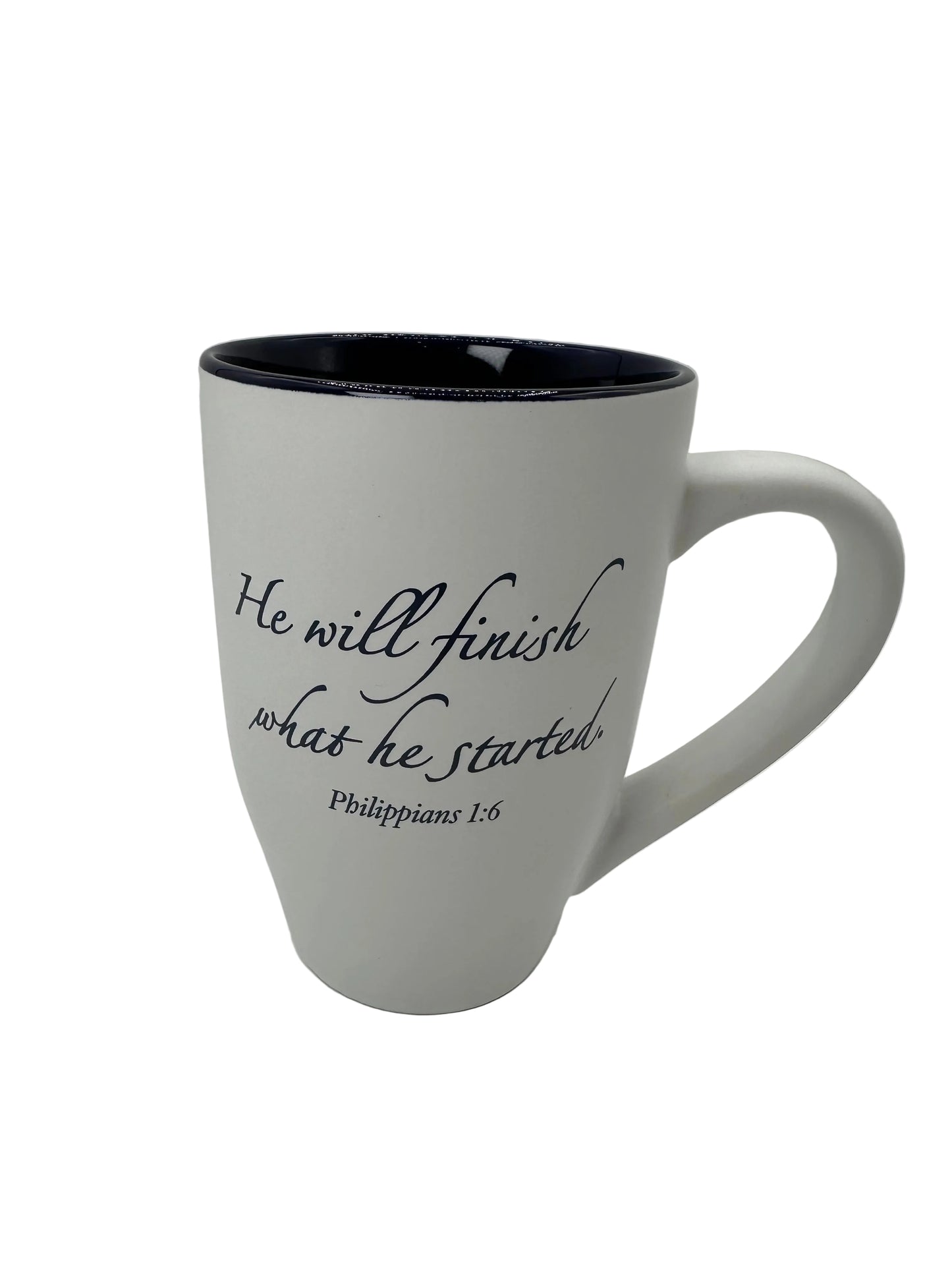 He Will Finish What He Started 20oz Ceramic Mug - White/Navy Blue